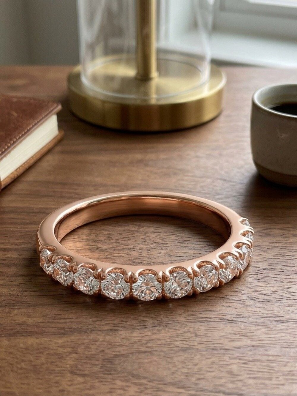 Rose Gold Half Eternity Band Ring Moissanite 925 Sterling Silver Stacking Ring